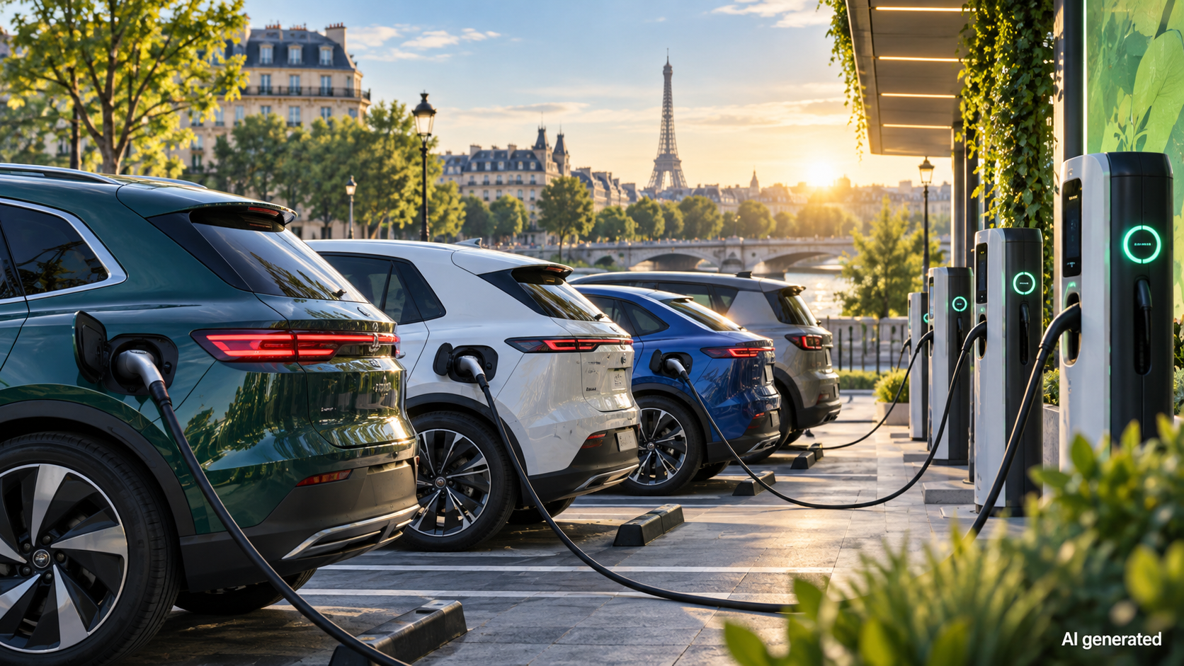 Unbranded electric cars charging at a fictional urban hub in France. AI generated.