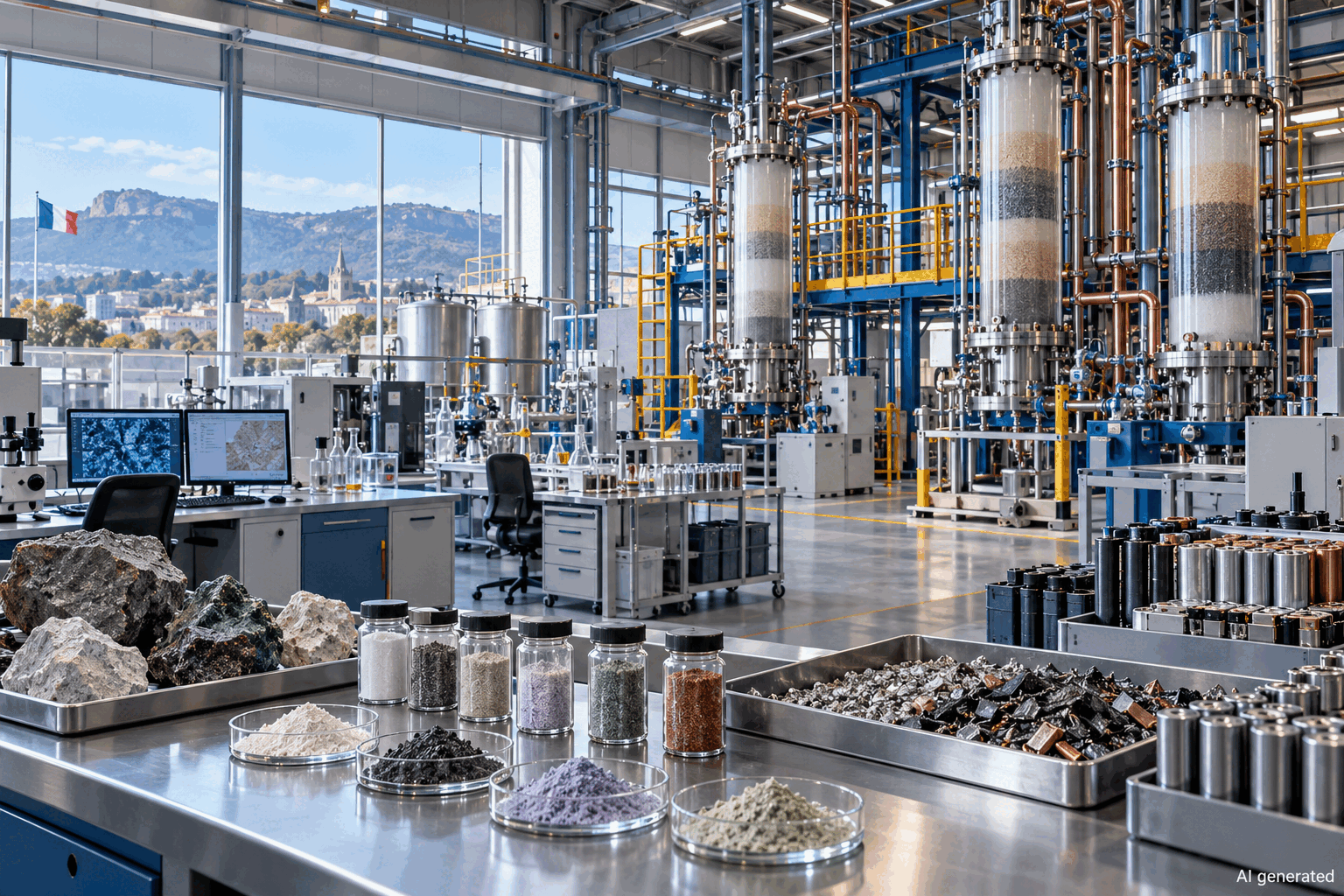 A fictional French critical-materials laboratory and processing plant, AI generated