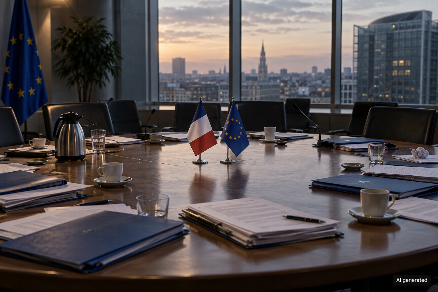 Fictional French and European diplomatic table after negotiations, AI generated