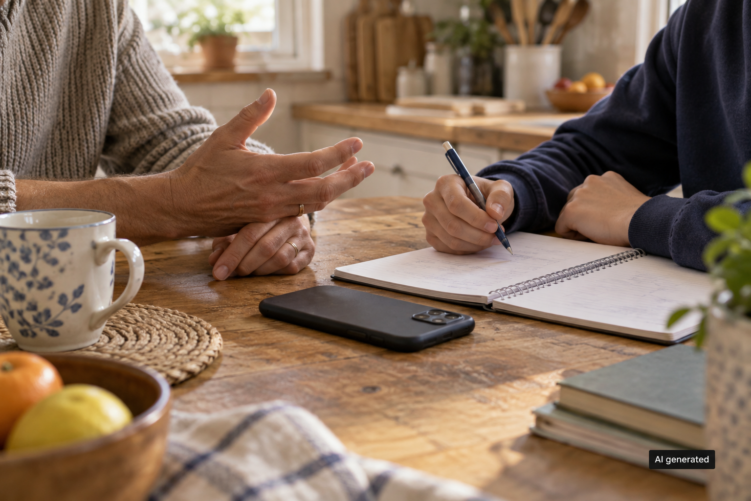 Adult and teenage hands beside a face-down phone and notebook in a fictional family kitchen. AI generated.
