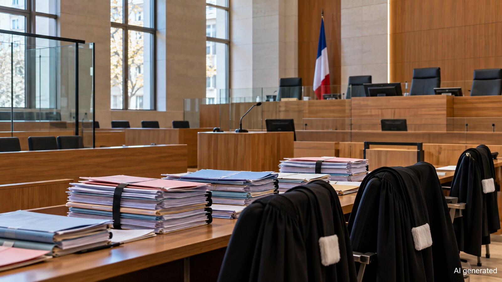 Case files arranged in an empty French courtroom, AI generated