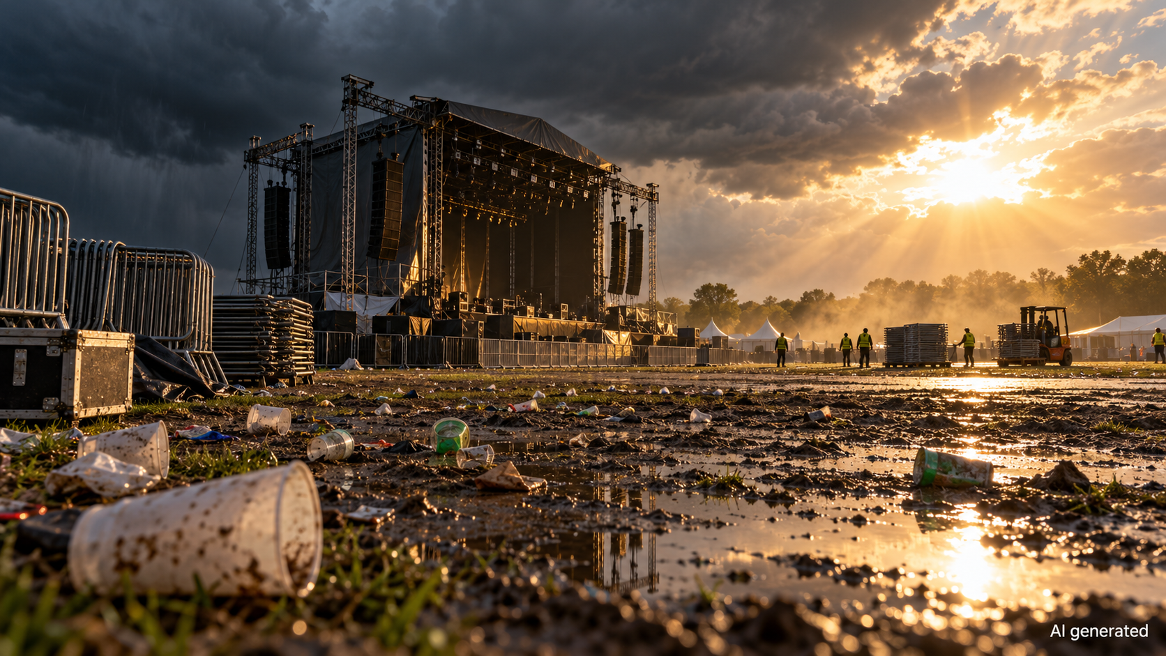 An empty outdoor festival site after severe weather, AI generated