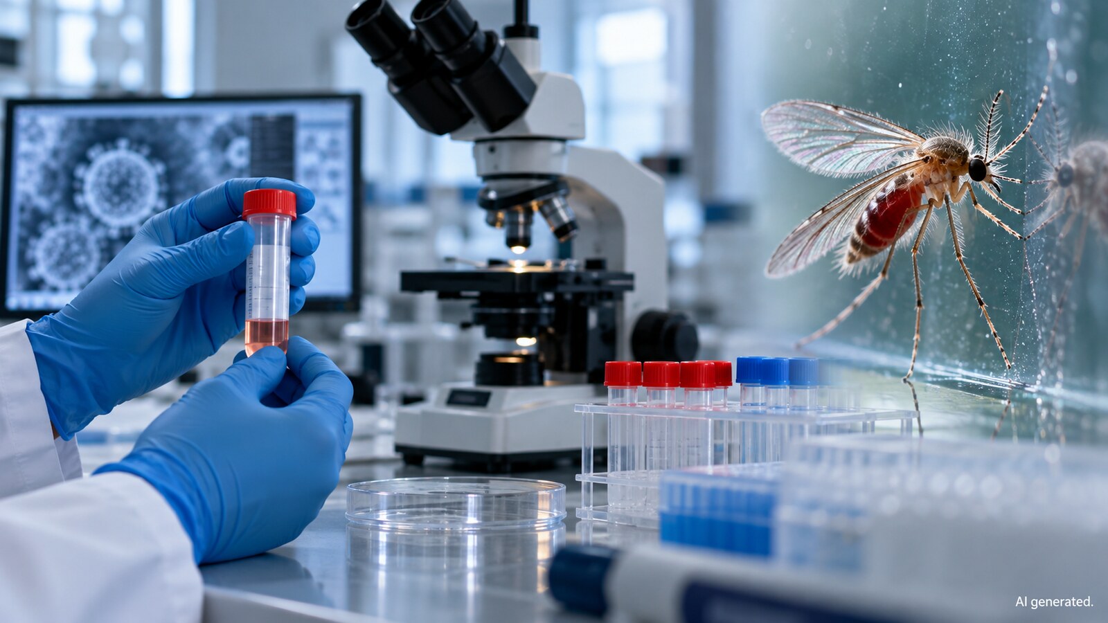 A laboratory specimen, microscope and biting midge motif, AI generated