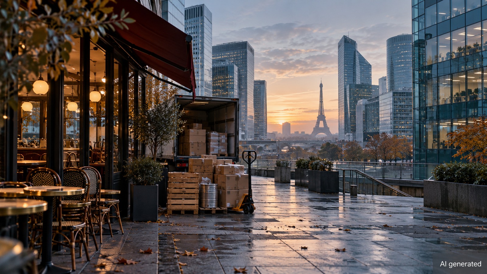 A Paris business district and supplier delivery at dawn, AI generated
