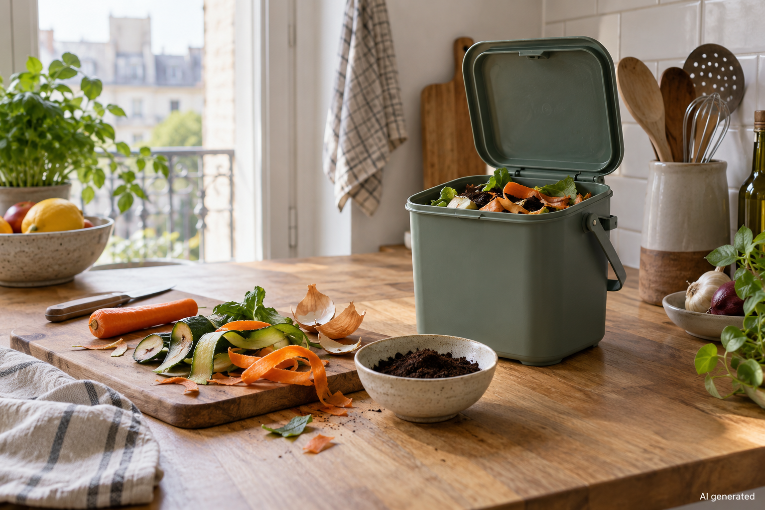 Kitchen food-scrap caddy beside vegetable peels and coffee grounds, AI generated