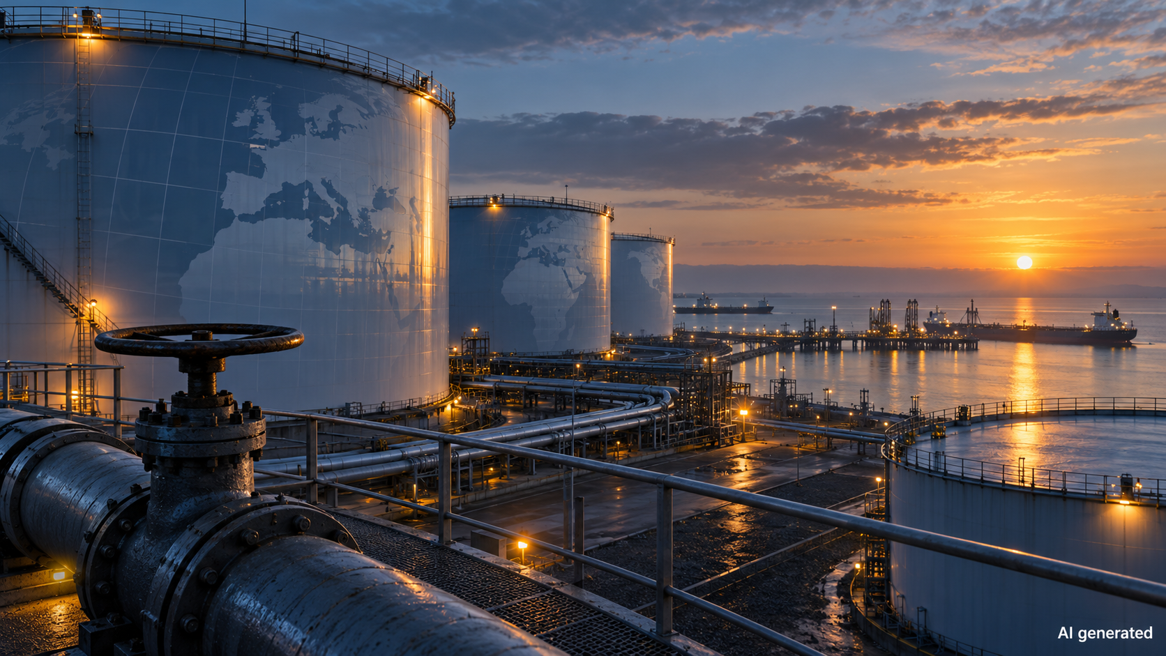 Oil storage tanks, pipelines and a coastal terminal in a fictional strategic-reserve setting. AI generated.