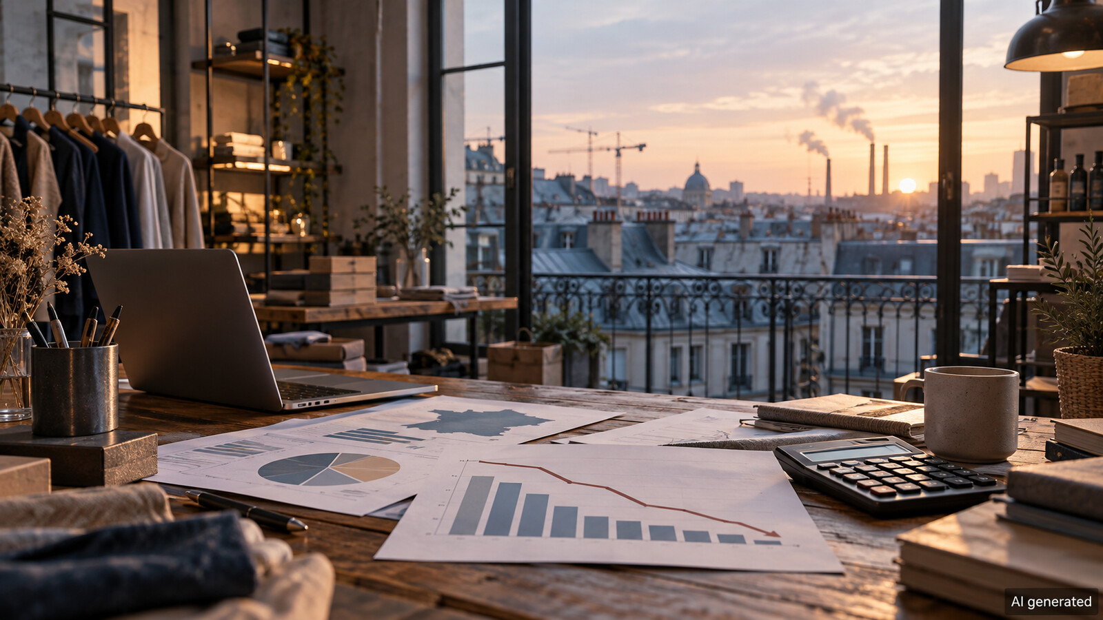 An imagined French workspace with falling economic charts, AI generated