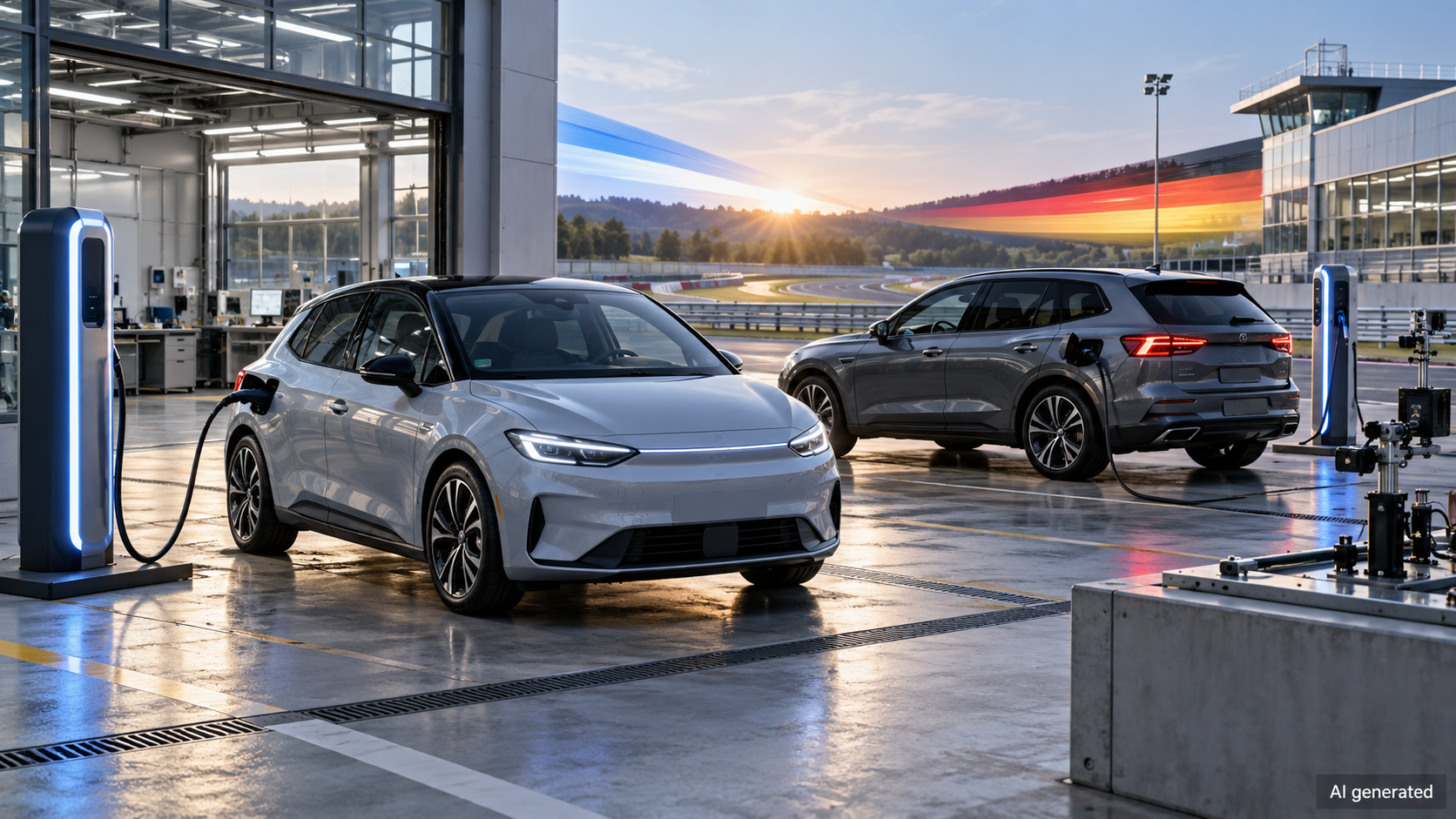 Electric and hybrid vehicles in a European test facility, AI generated