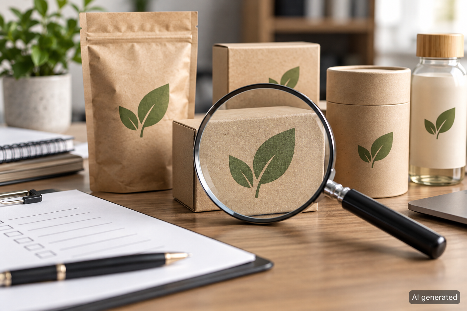 Generic retail packages with leaf symbols under a magnifying glass, AI generated