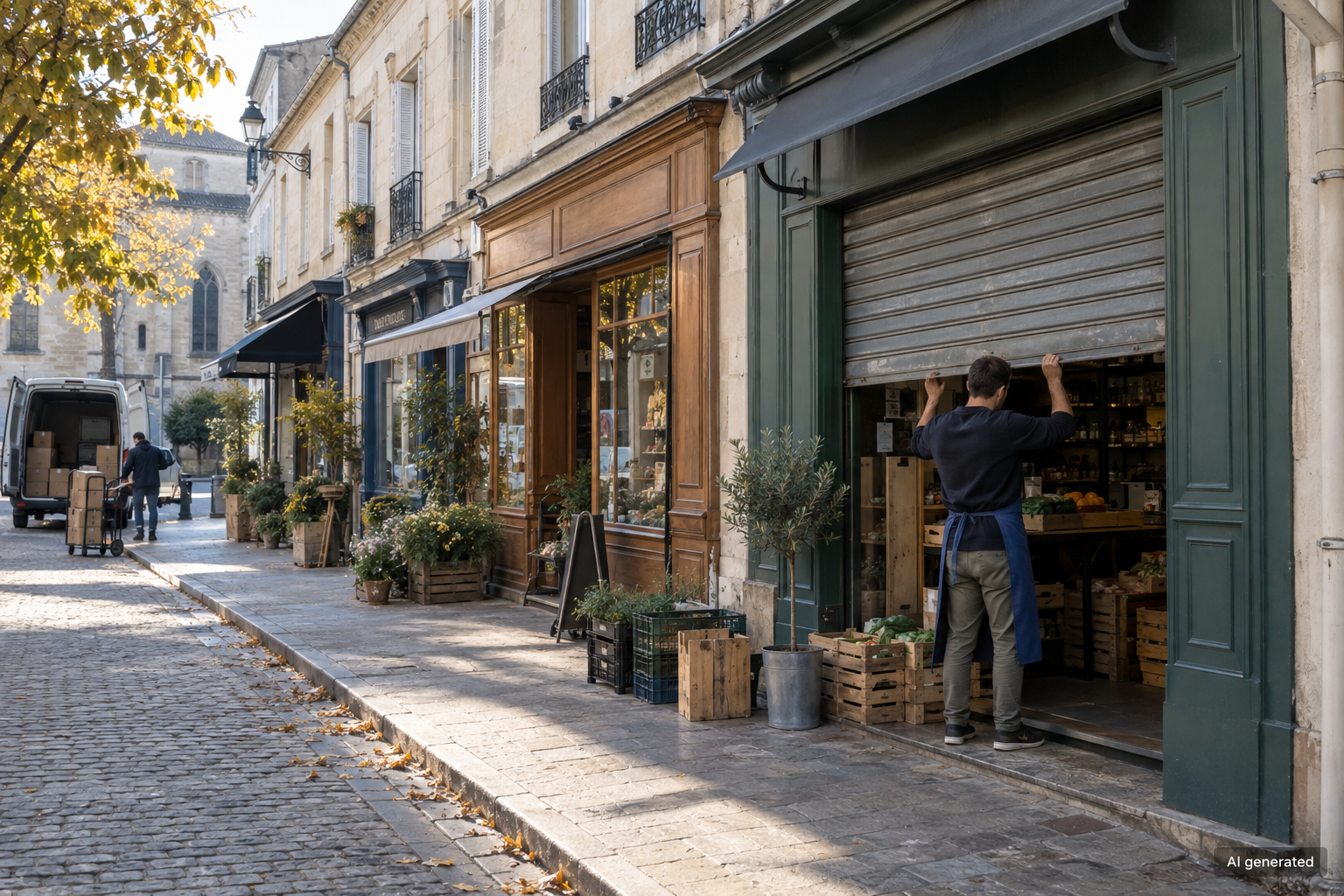 A shopkeeper opening a shop on a fictional French street — AI generated illustration.
