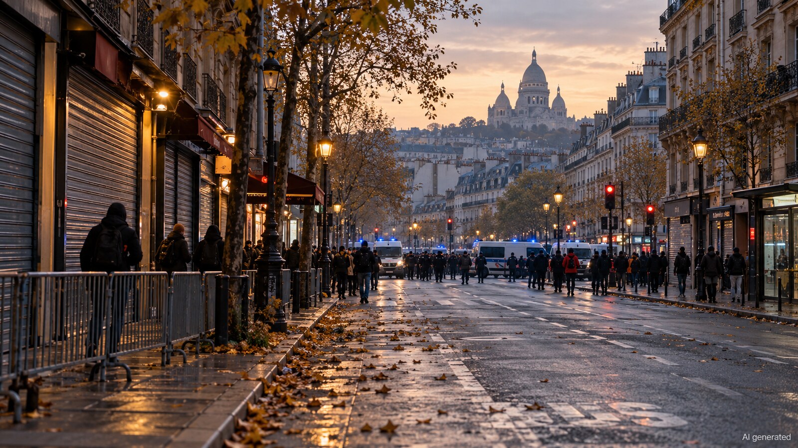 A prepared Paris boulevard with closed shop shutters and police vans before demonstrations, AI generated