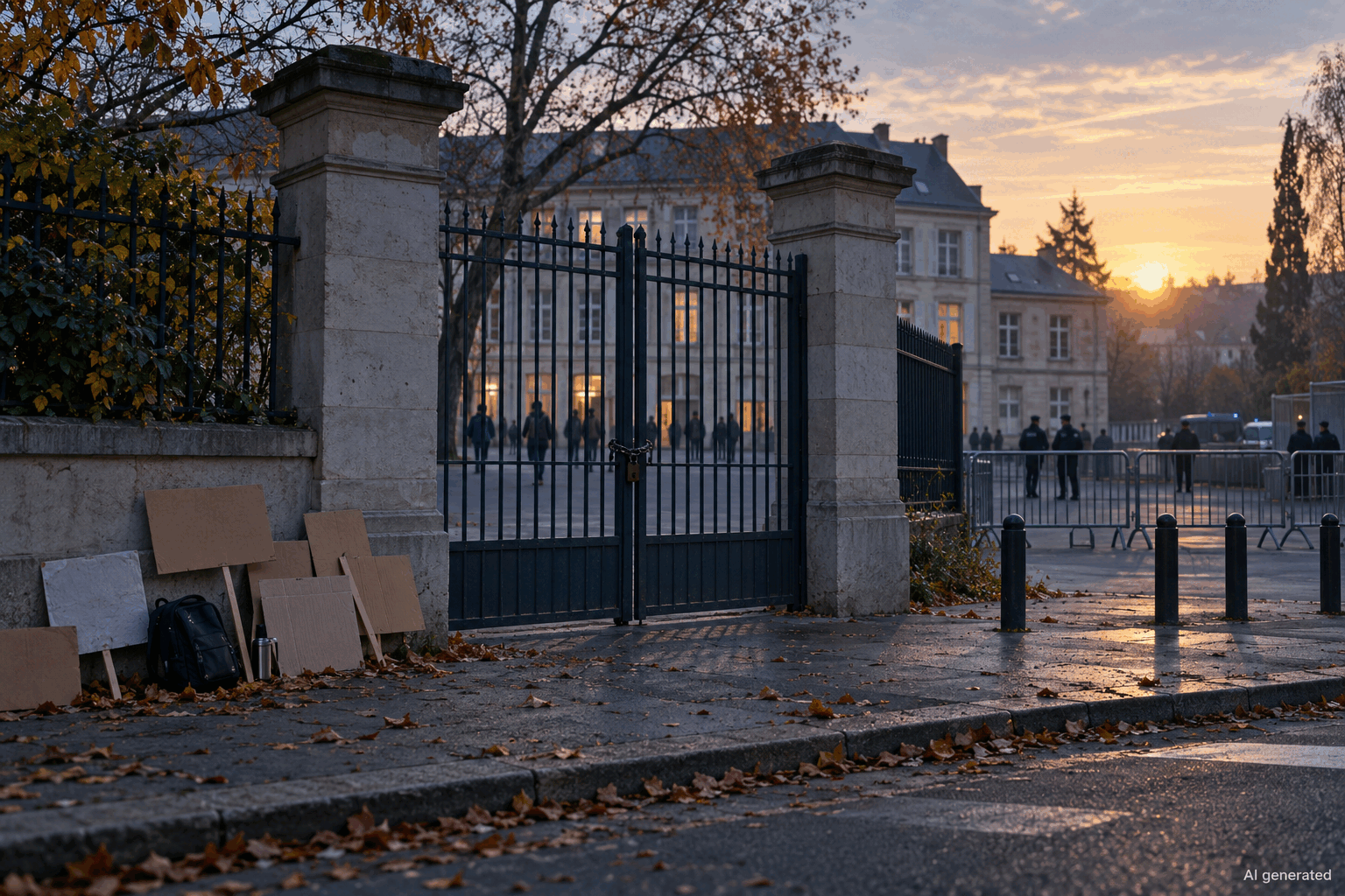 Closed school entrance with placards and distant anonymous silhouettes, AI generated