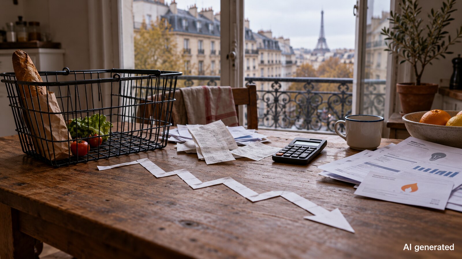 Paris kitchen table with shopping receipts, bills and calculator, AI generated