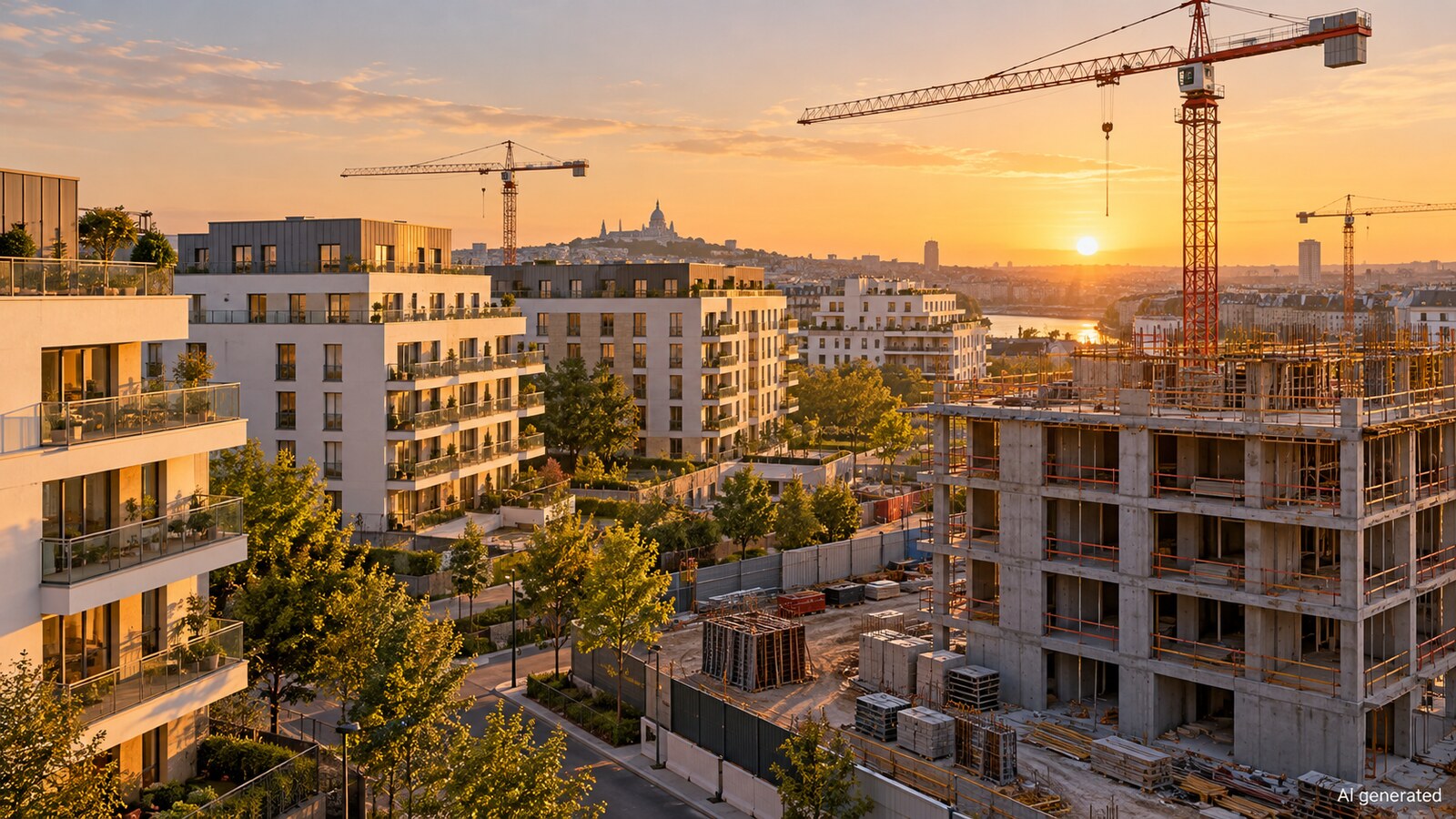 An imagined French housing development with completed blocks and an active construction site, AI generated
