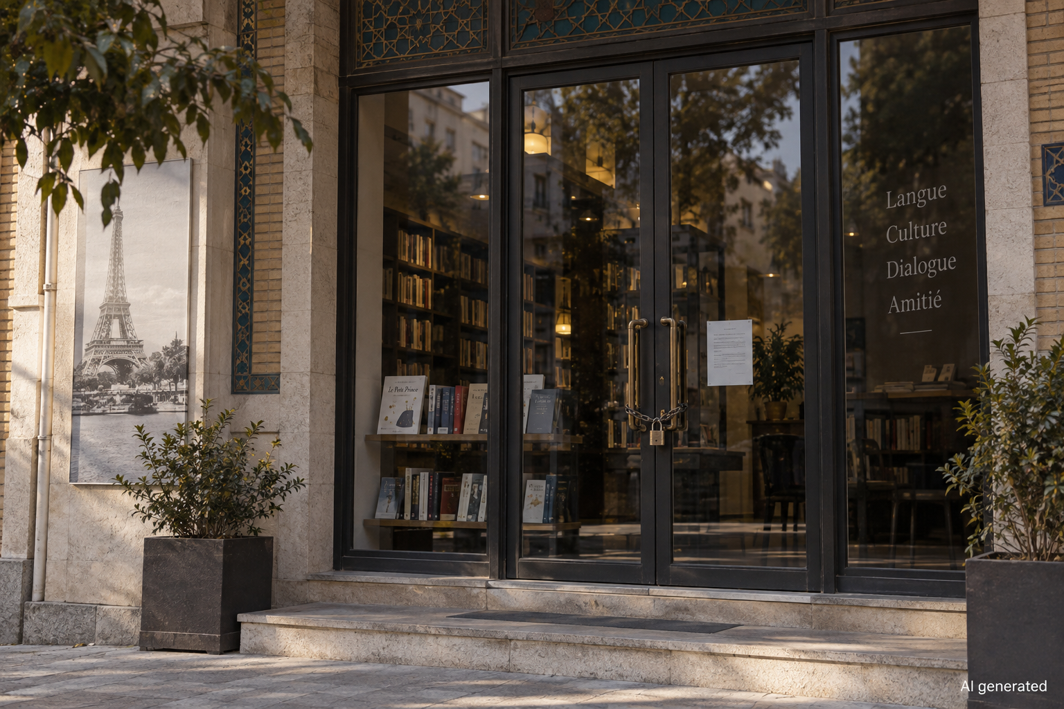 A fictional closed cultural centre entrance with French-language books visible inside. AI generated.