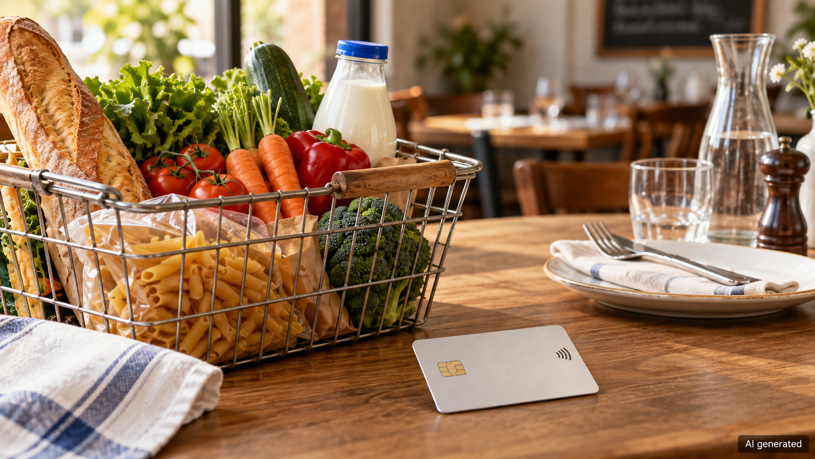 A grocery basket, generic meal card and restaurant table setting, AI generated