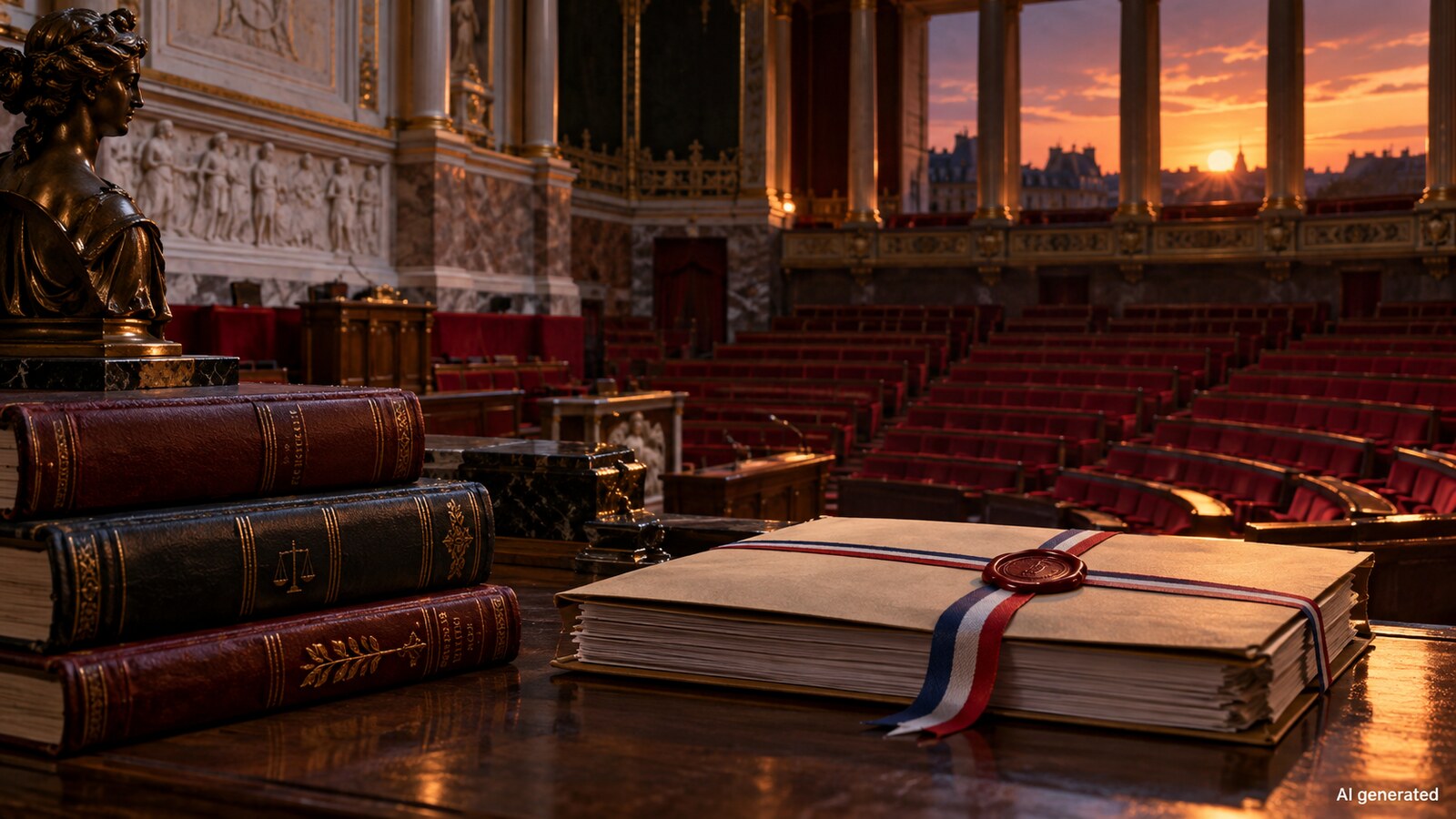 An imagined empty parliamentary chamber with legal books and a sealed file, AI generated