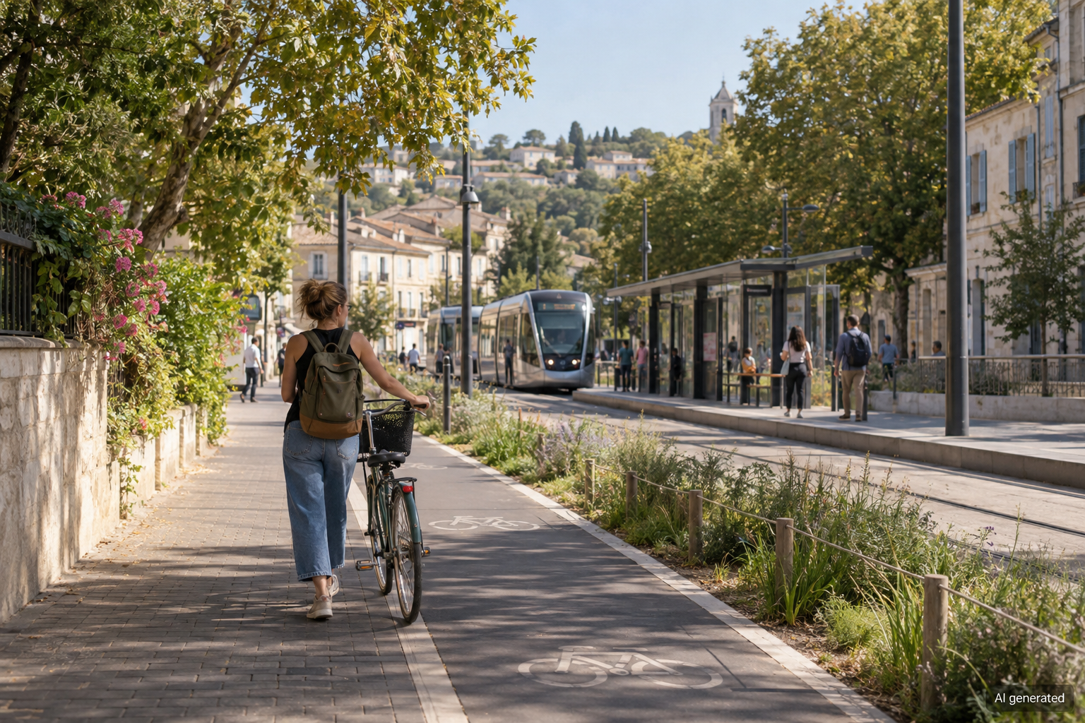 A woman walking a bicycle towards a tram stop in a fictional French town — AI generated illustration.
