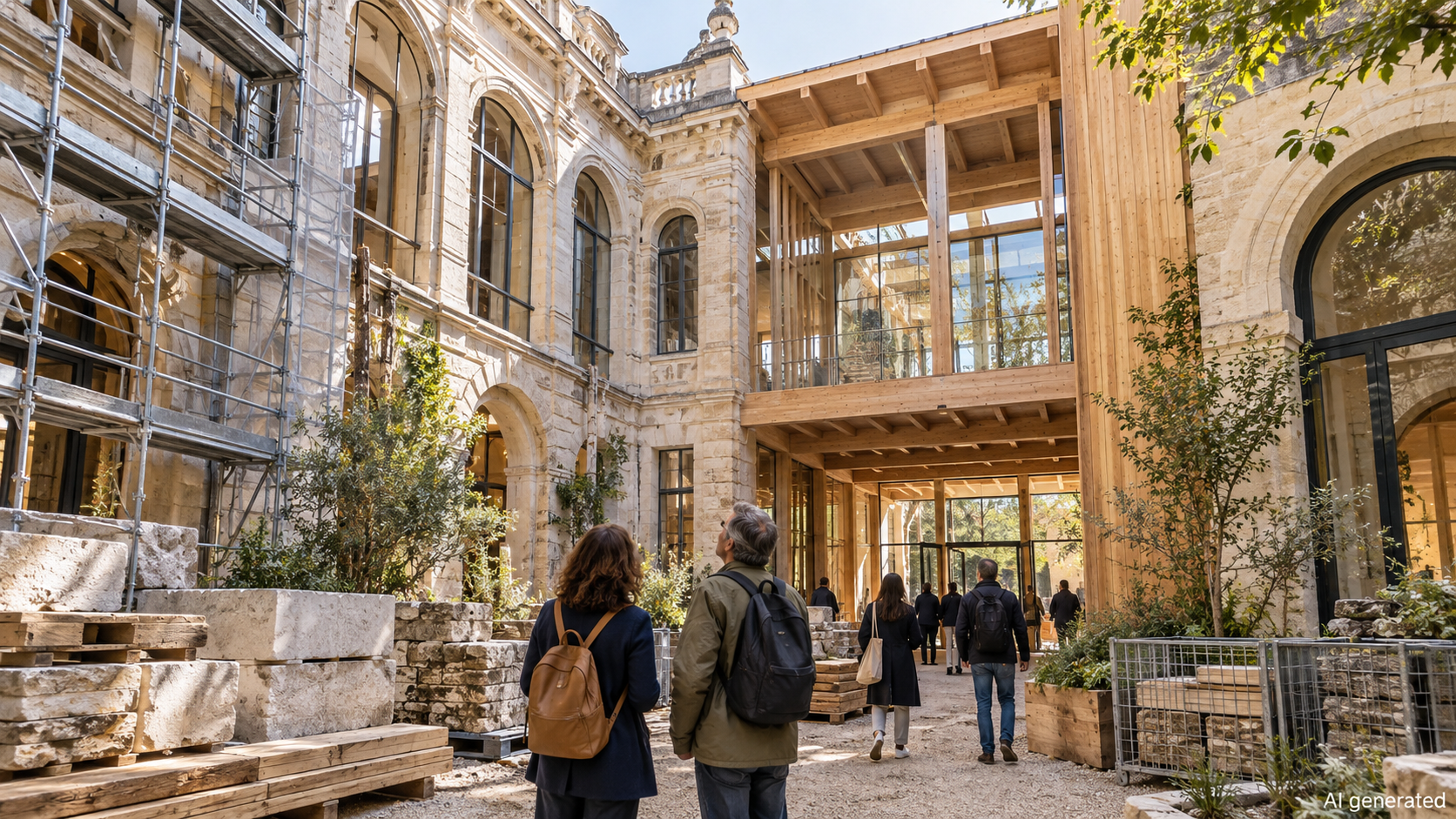 Visitors entering a restored stone building with a new timber structure, AI generated