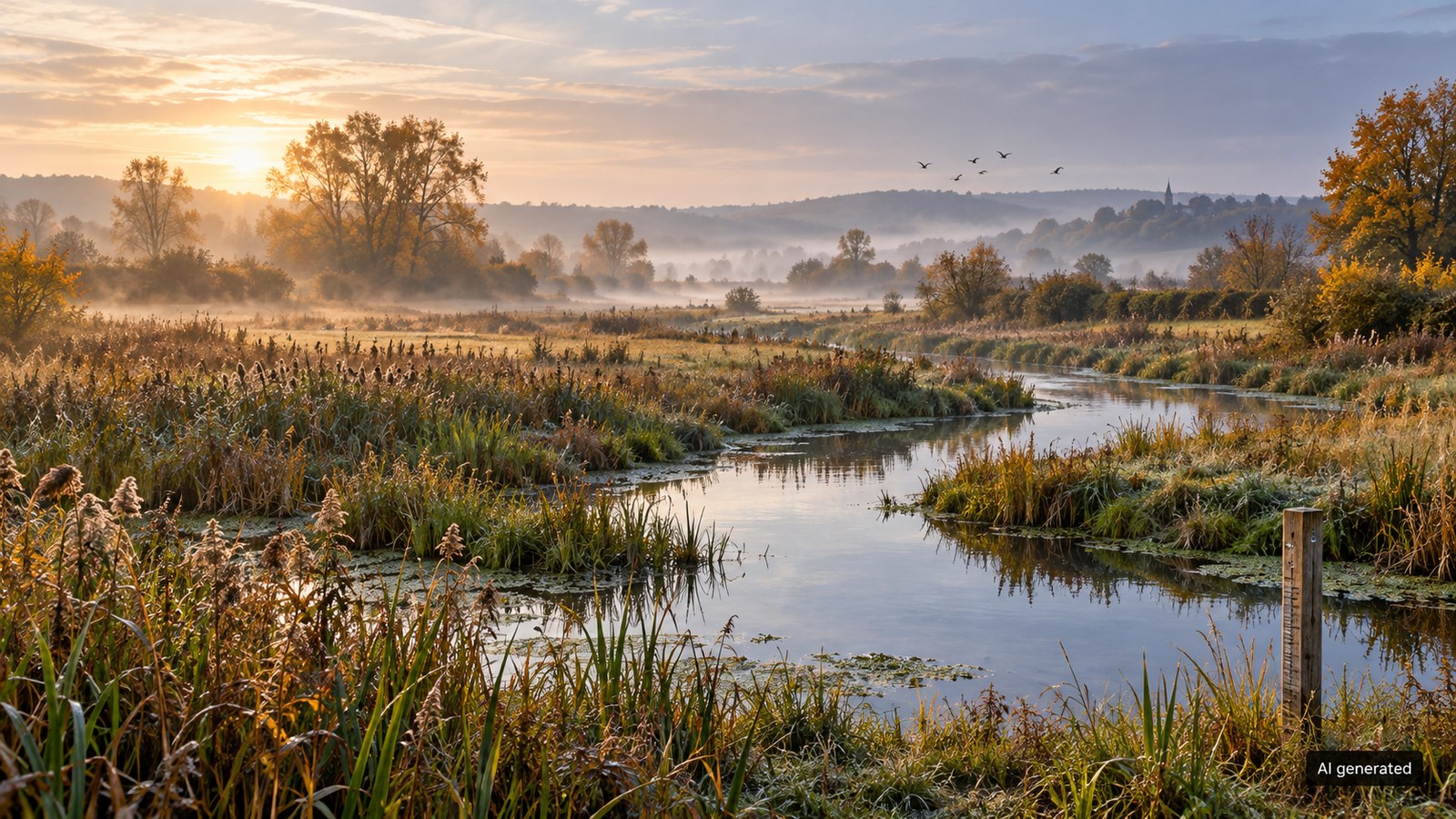 An autumn wetland with reeds and a winding stream, AI generated