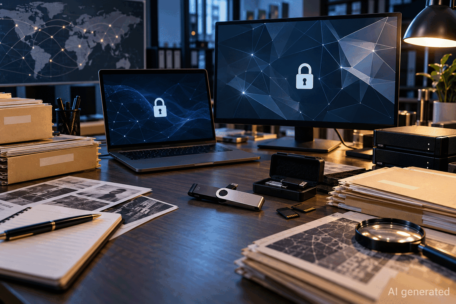 Cybercrime evidence desk with privacy-safe digital displays, AI generated