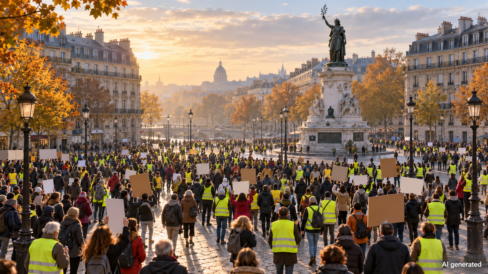 A peaceful civic demonstration in a French city square, AI generated