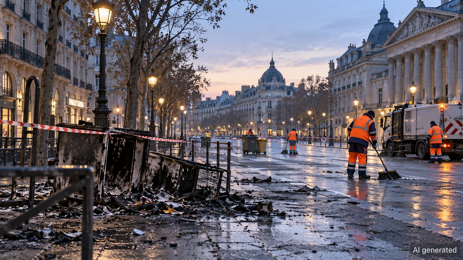 Cleanup crews on a generic French boulevard after civil unrest, AI generated