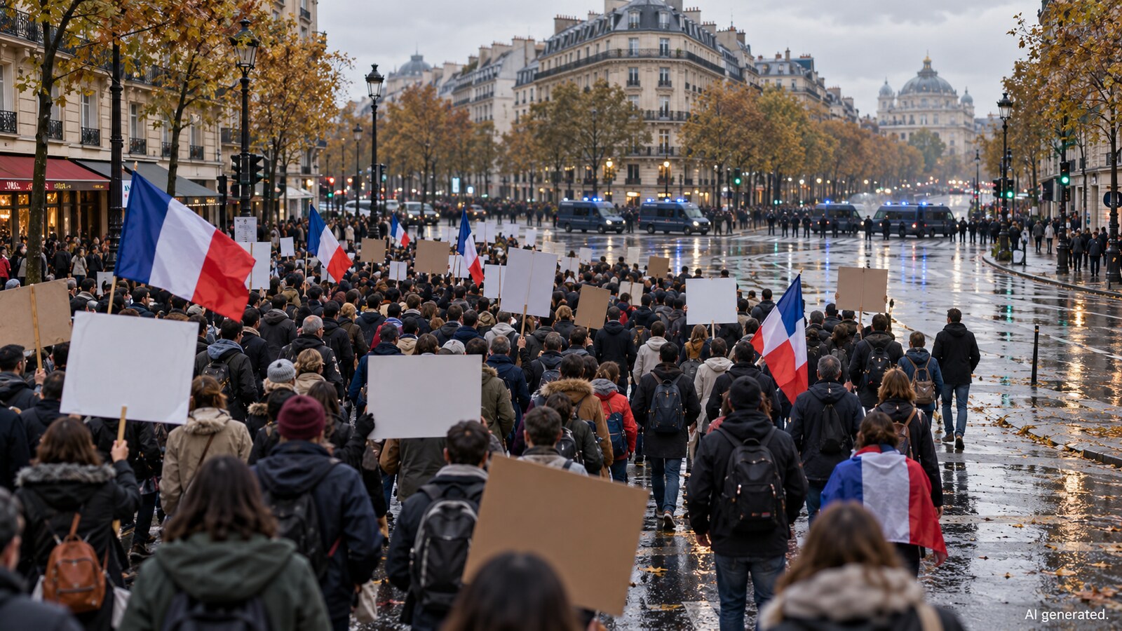A broad civic march on a rain-wet Paris boulevard, AI generated