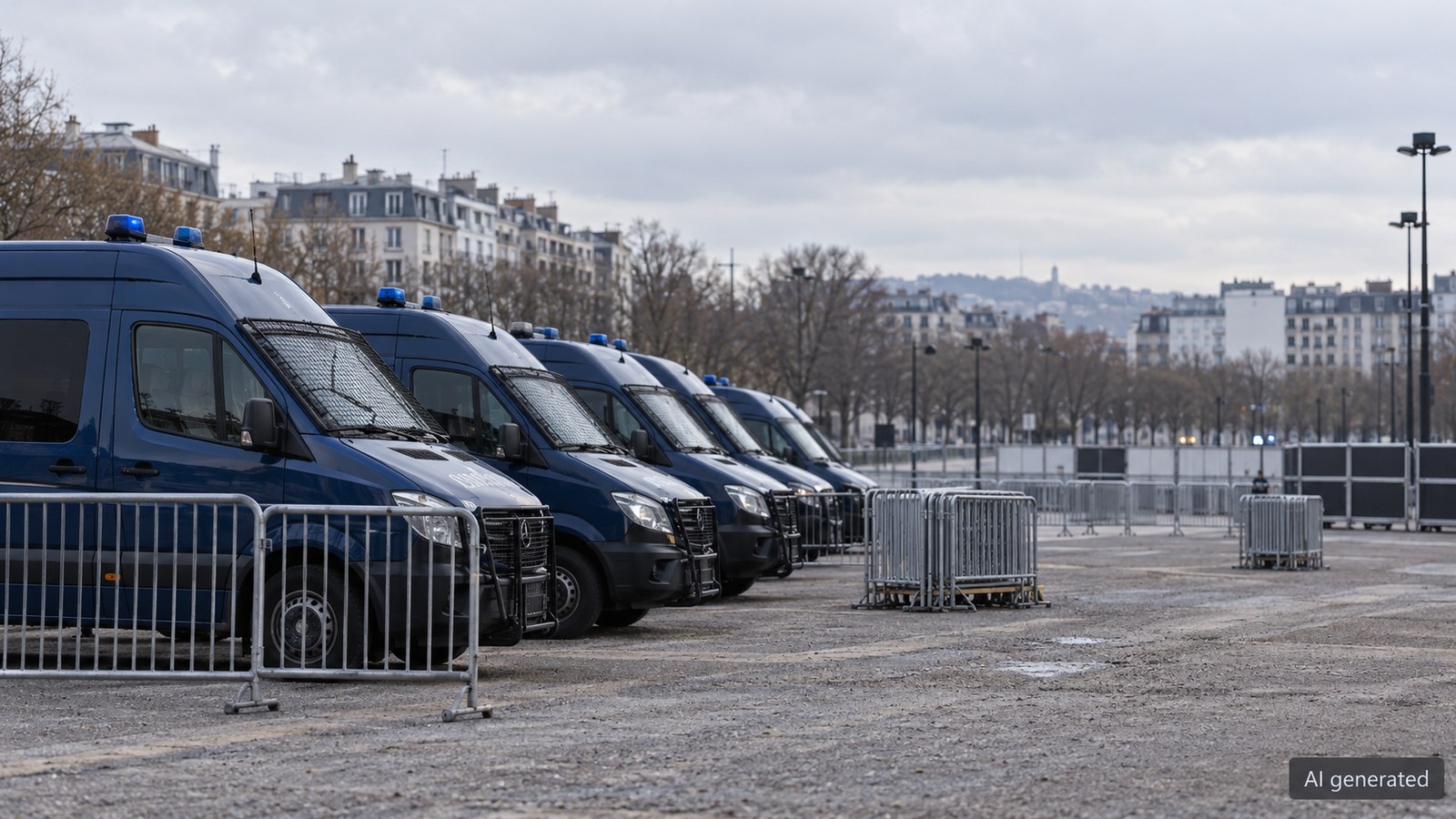Anonymous police vans and barriers in a generic city staging area, AI generated