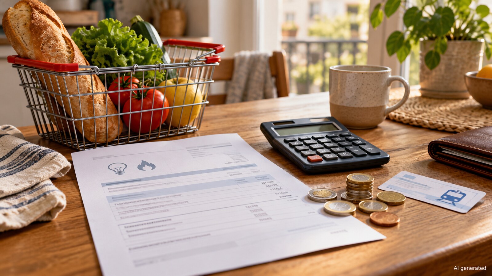 A household table with groceries, an energy bill, transit ticket and calculator, AI generated