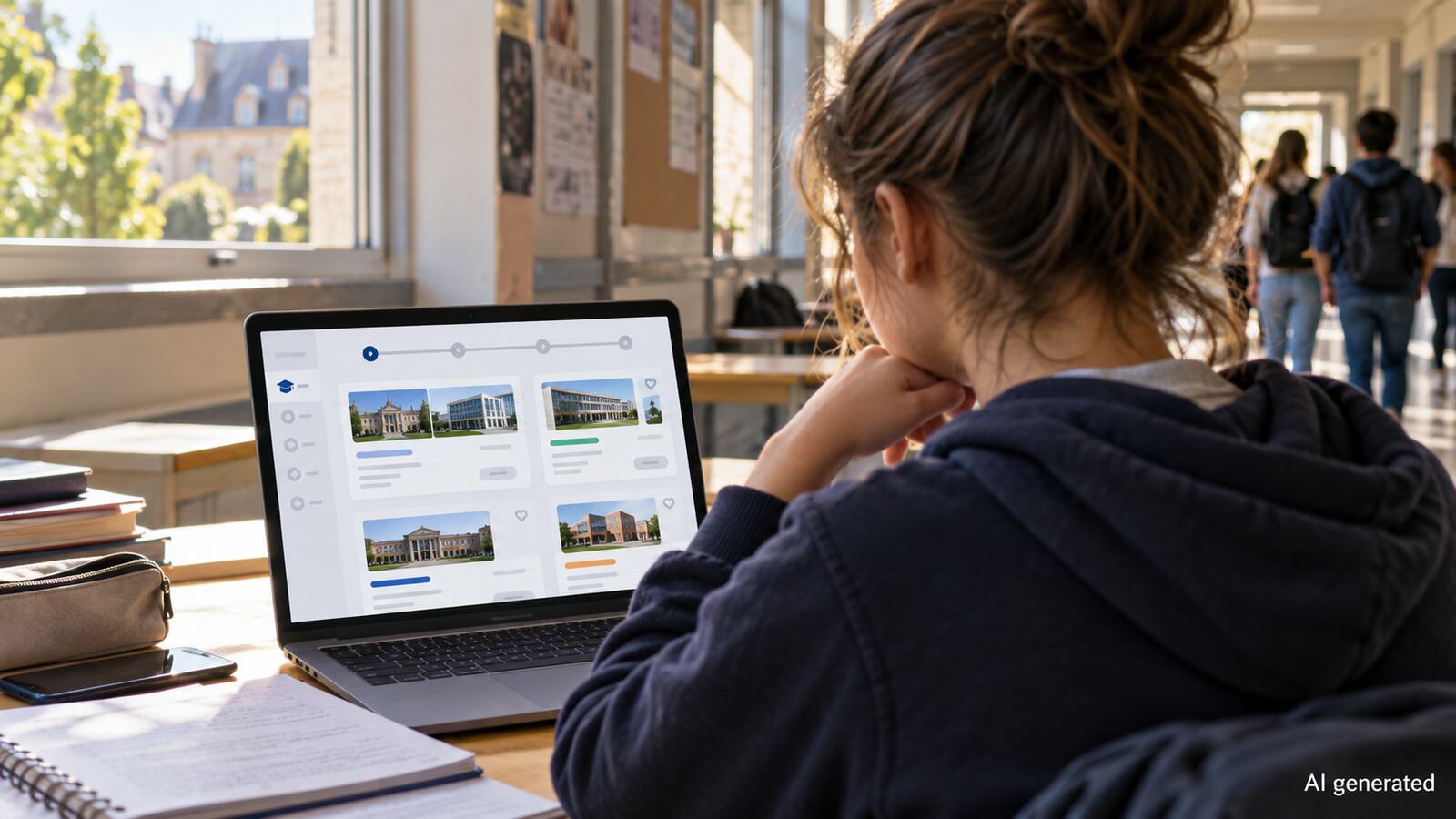Student using an imagined university admissions dashboard in a school, AI generated