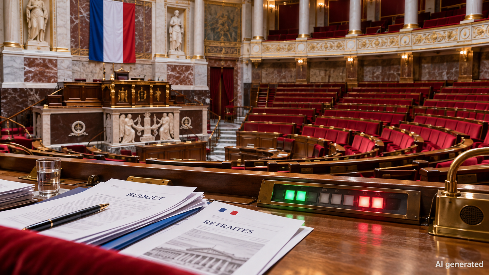 An empty French-style parliamentary chamber with budget papers, AI generated