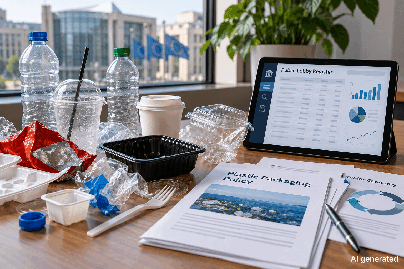 Single-use packaging beside policy papers and an abstract registry screen, AI generated