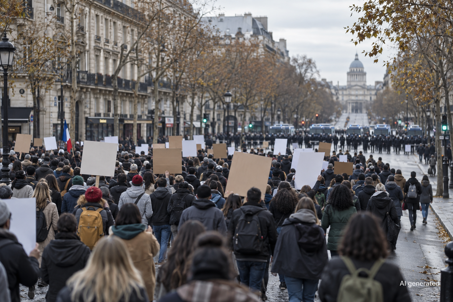 A fictional peaceful march on a Paris-inspired boulevard with blank placards and a distant police line. AI generated.