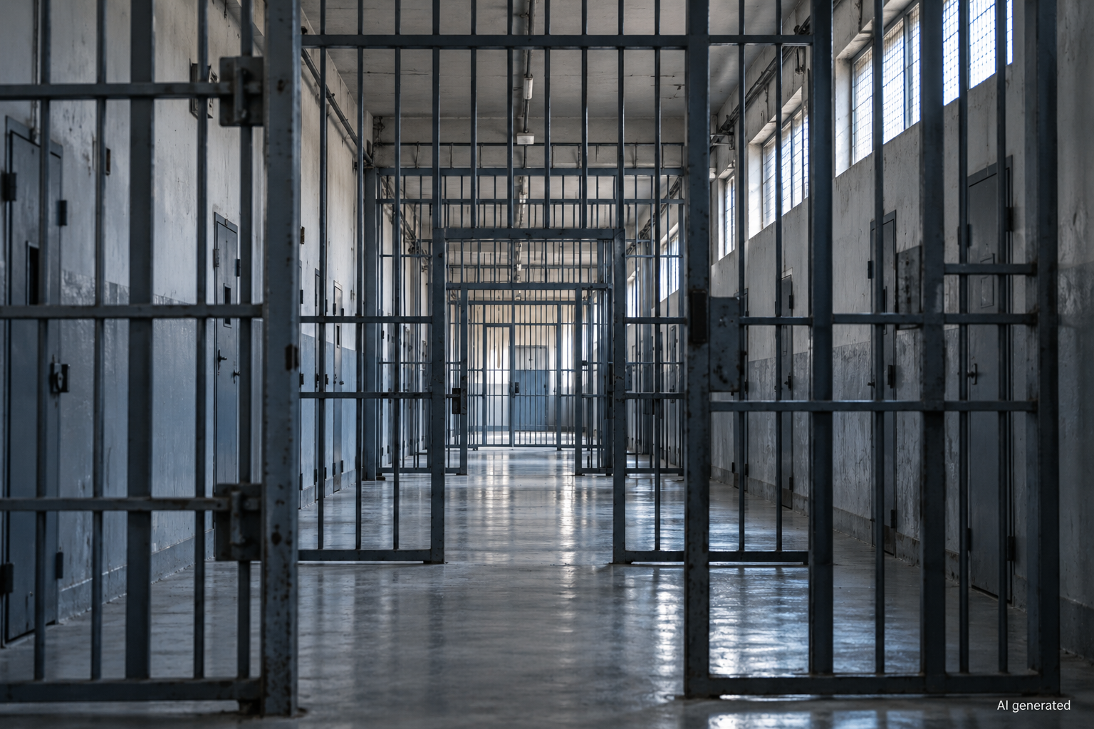Empty generic prison corridor seen through layered metal gates, AI generated
