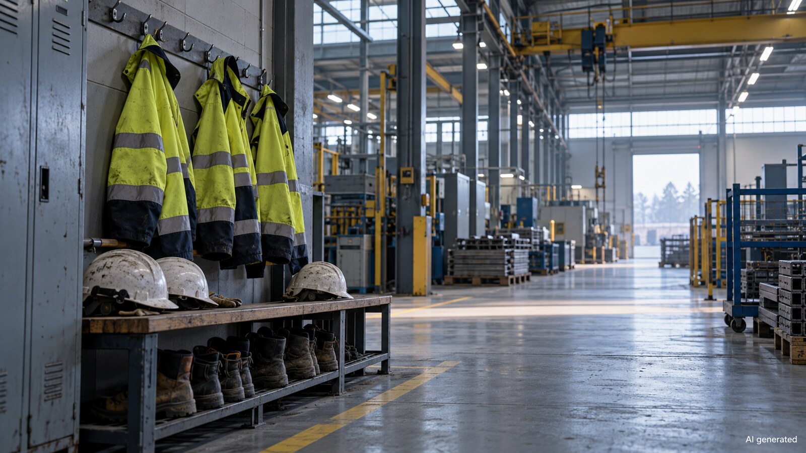 Work jackets, helmets and boots beside a quiet factory floor, AI generated