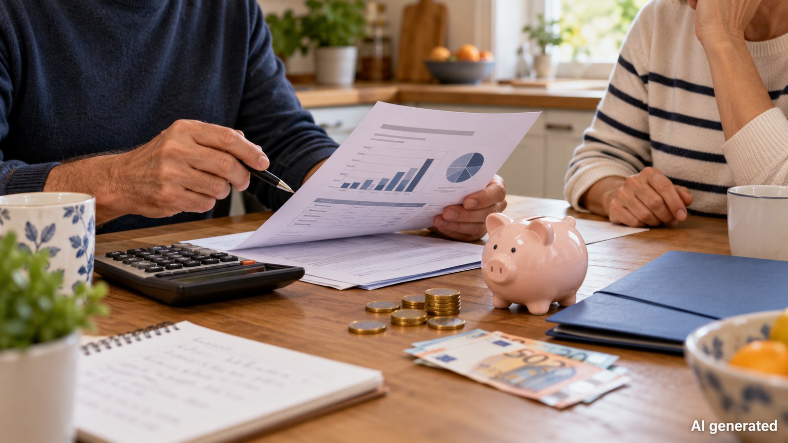 Anonymous adults reviewing a retirement statement at a kitchen table, AI generated