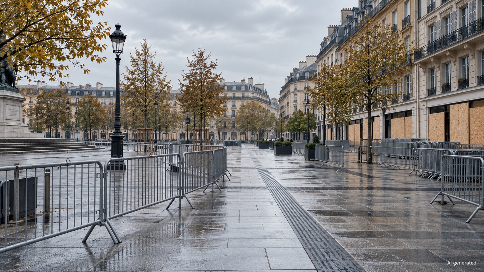 An anonymous French city square prepared with barriers and protected shopfronts, AI generated