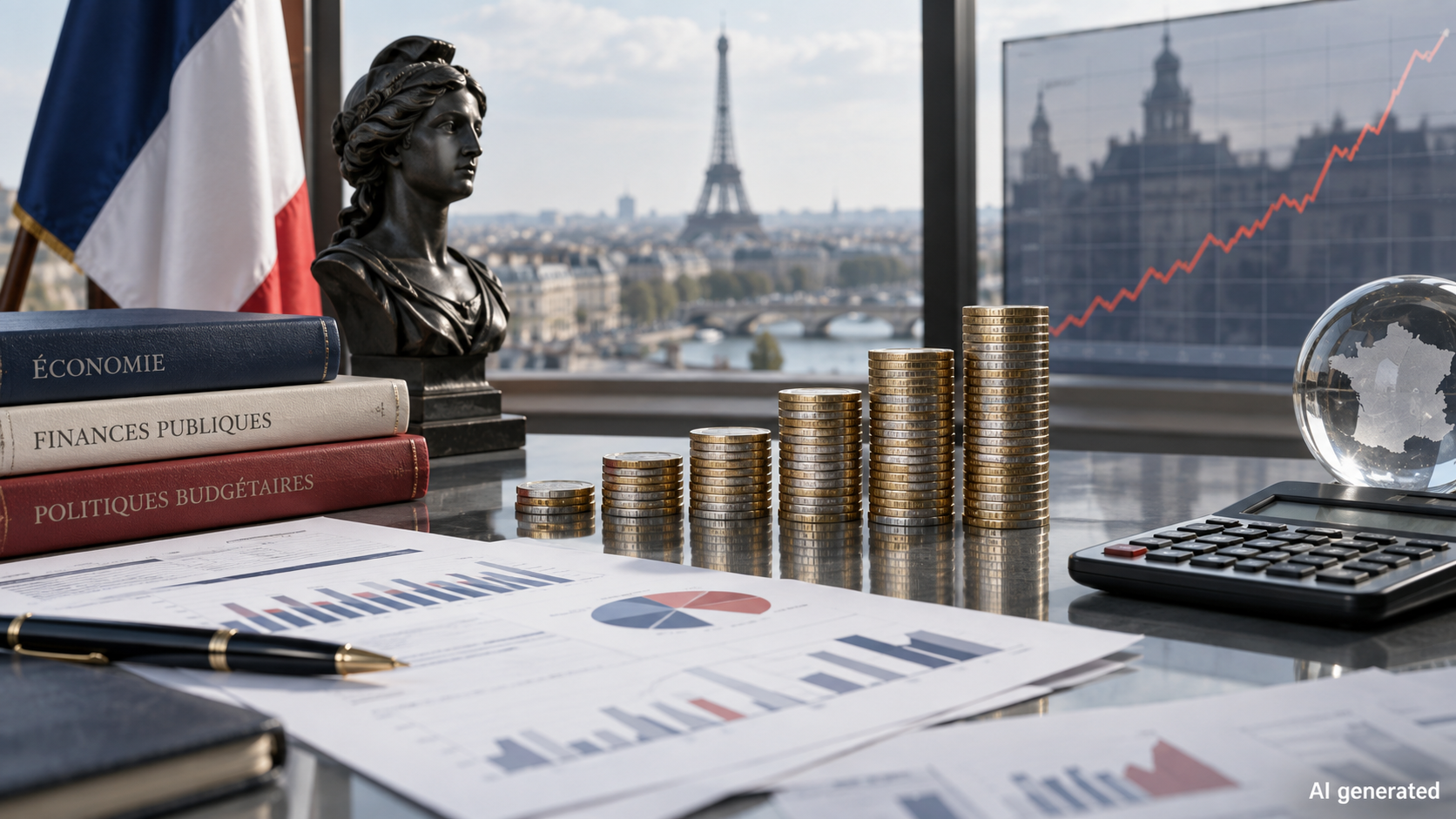 Euro coin stacks, budget papers and a rising chart in a fictional French public-finance setting. AI generated.