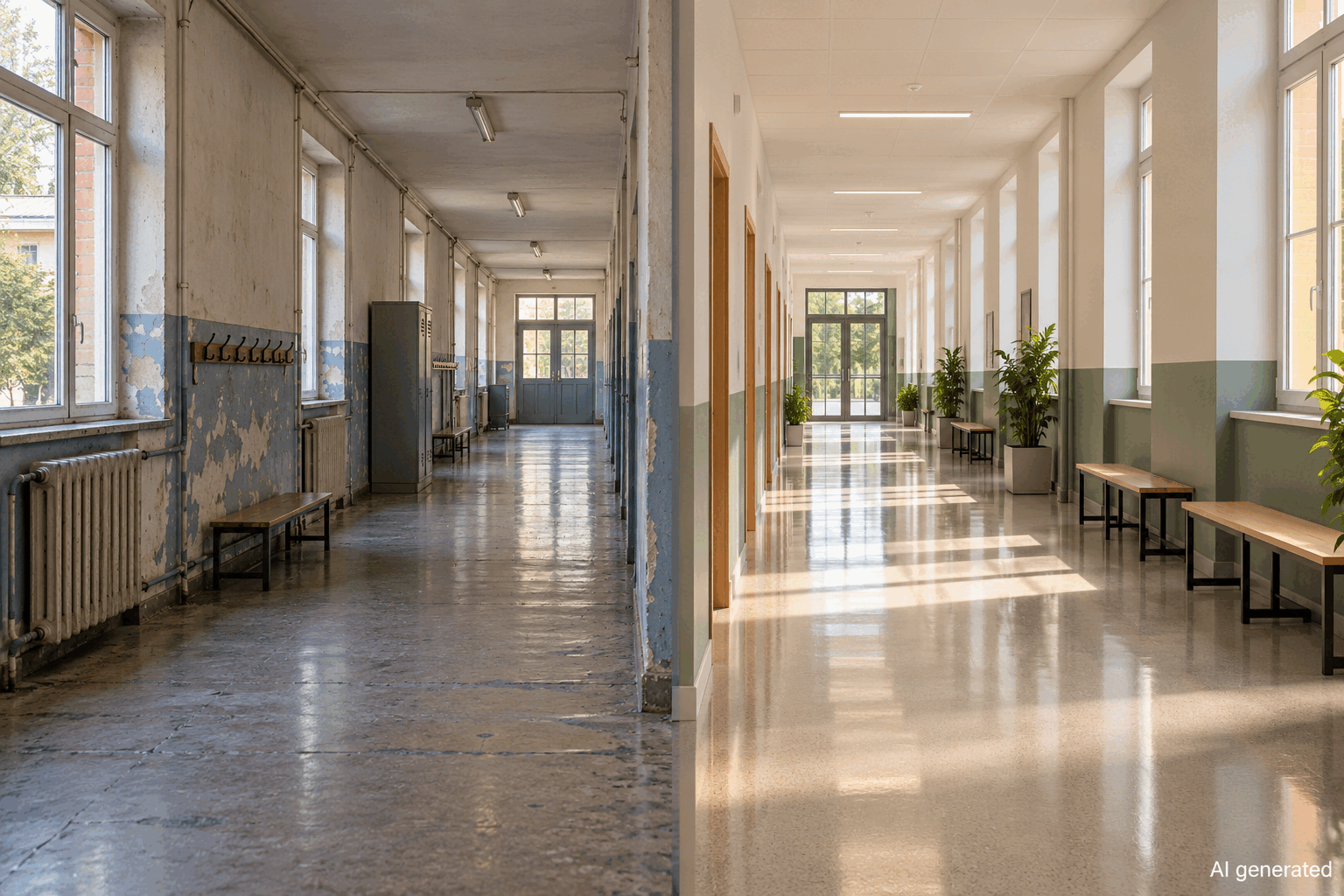 Two contrasting empty French school corridors, AI generated