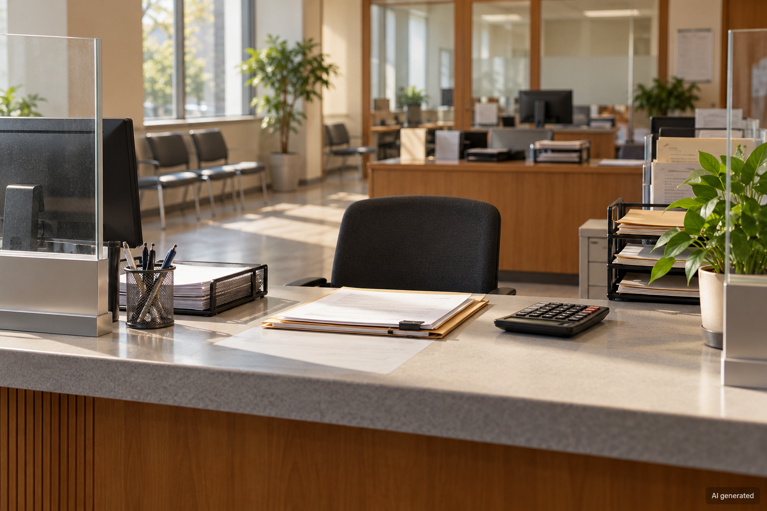 Empty municipal service counter with files and a calculator, AI generated