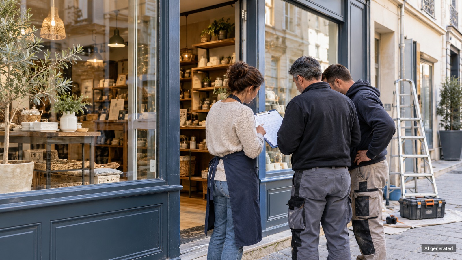 Anonymous workers and a shop owner review repairs at a generic French storefront, AI generated