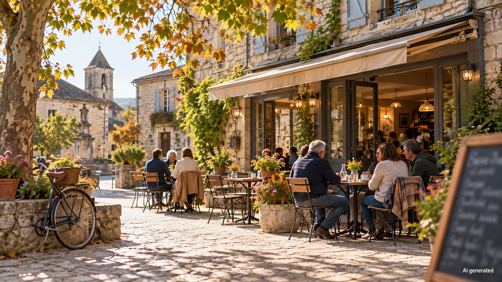 Anonymous adults sit outside a generic rural French café, AI generated