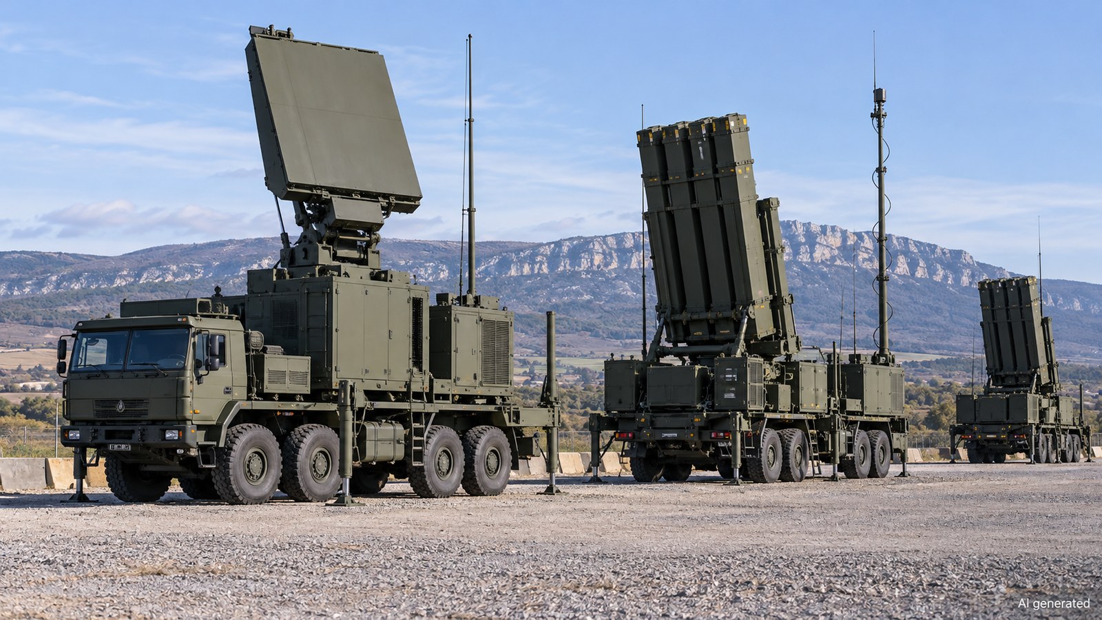 Generic mobile radar and launcher vehicles on a controlled test ground, AI generated