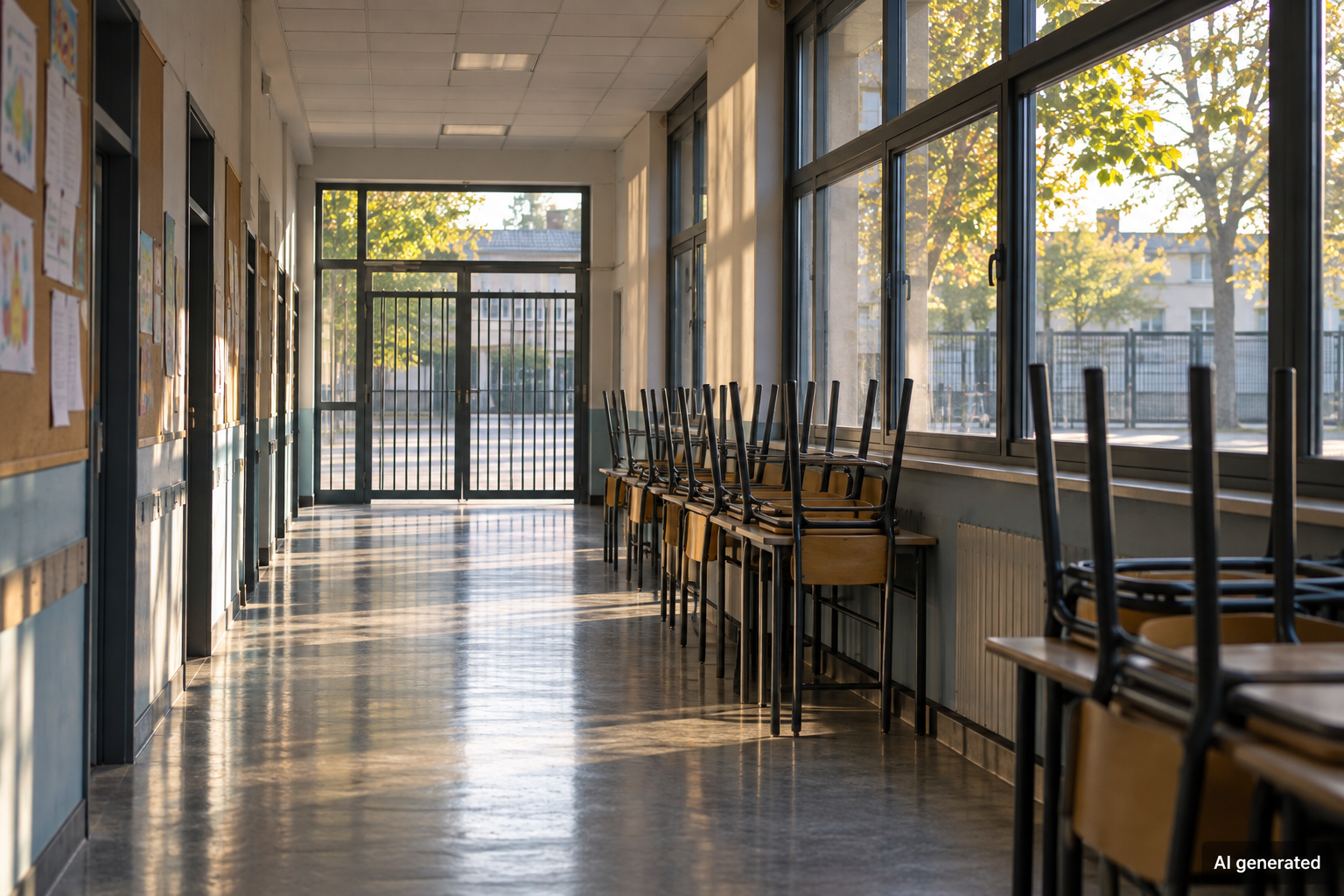 Empty school corridor with stacked chairs and a closed gate, AI generated