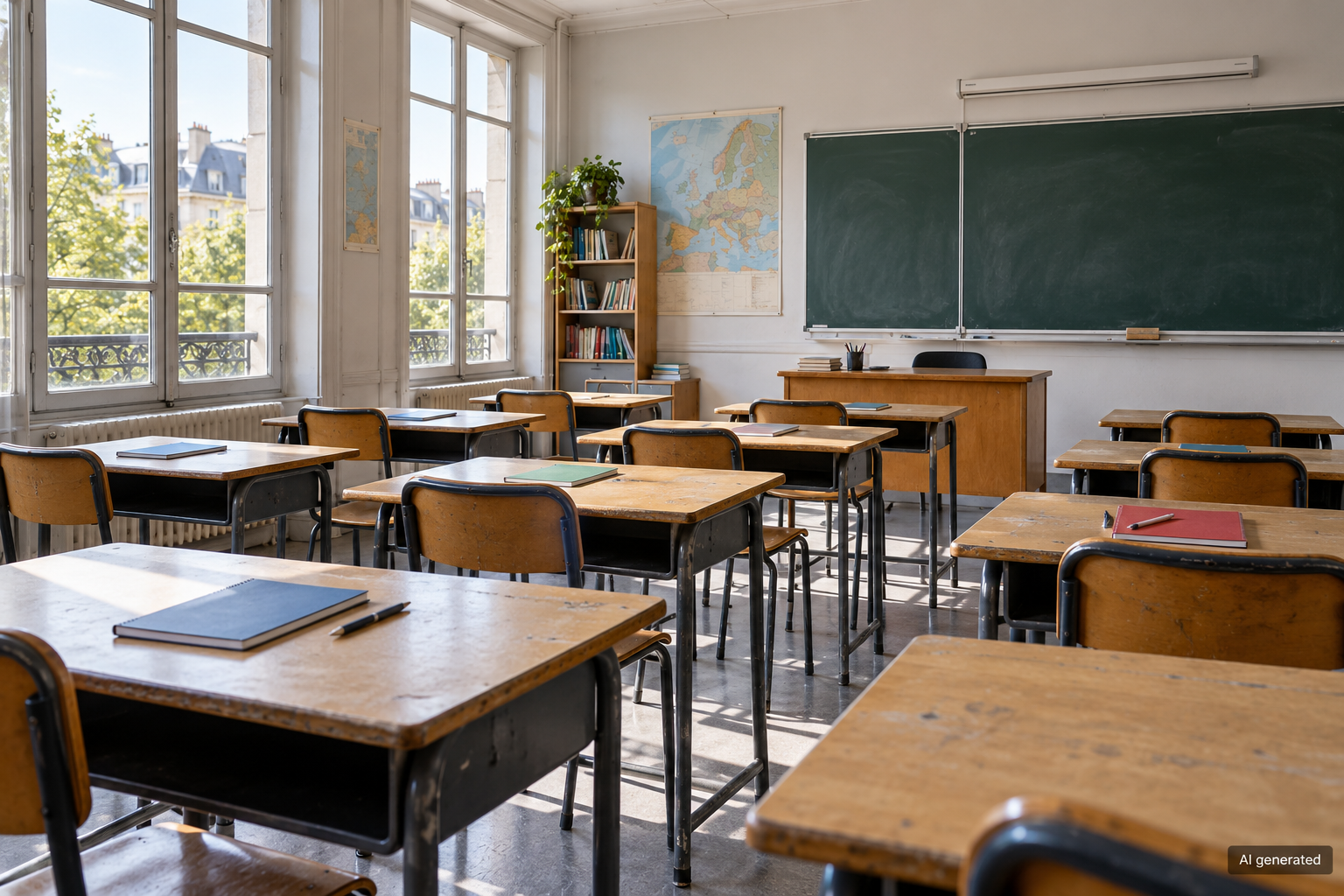 Empty classroom with worn wooden desks and notebooks, AI generated