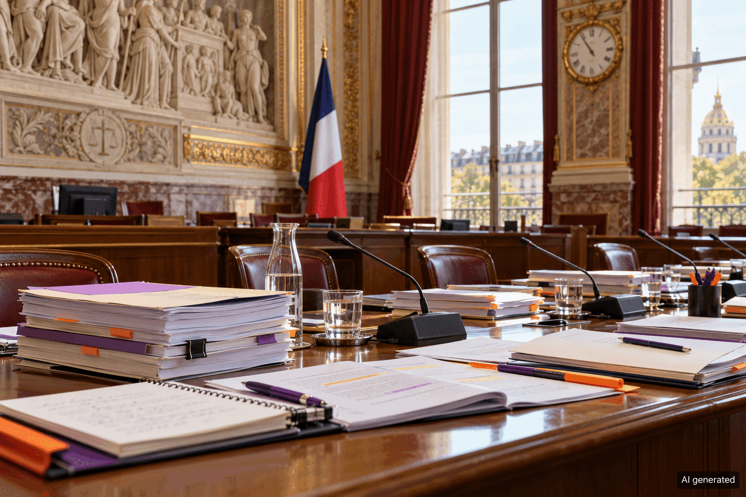 An empty parliamentary worktable with legislative files, AI generated