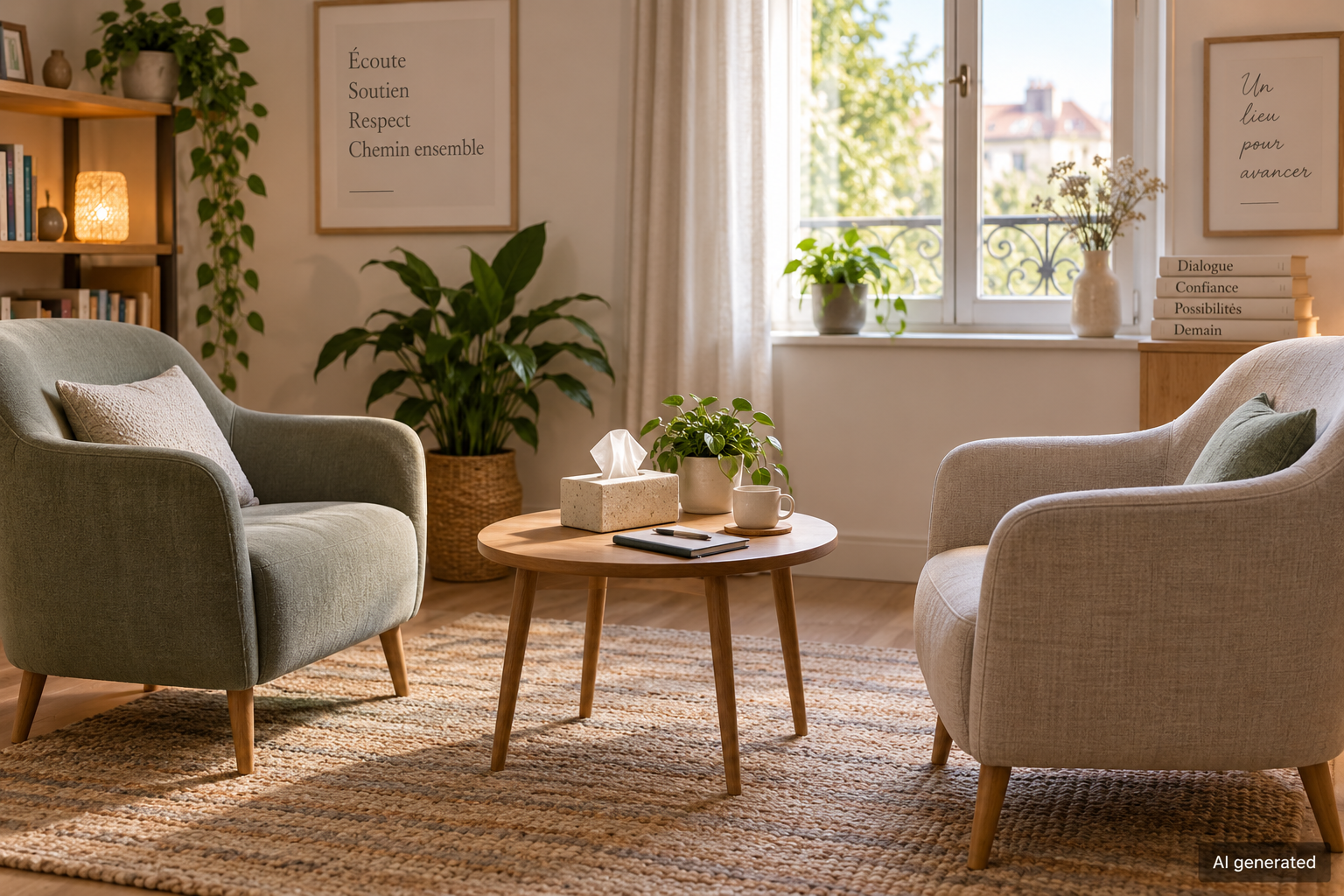 Empty chairs in an imagined support and counselling room, AI generated