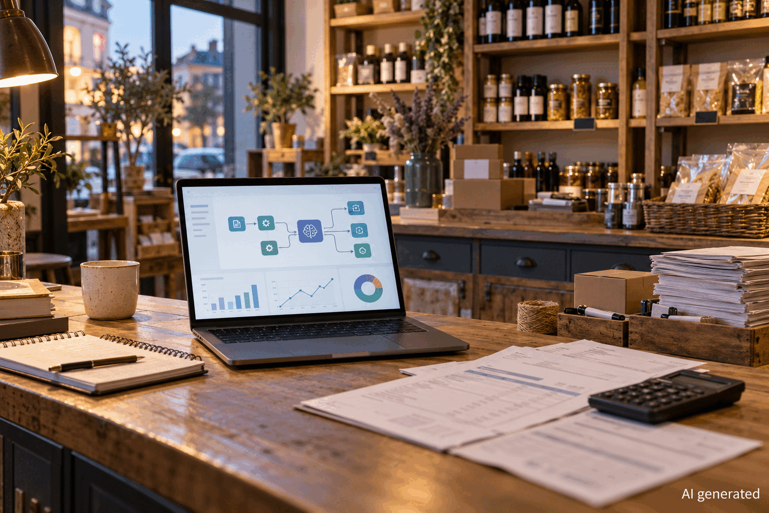 A small French business workspace using an abstract AI tool, AI generated