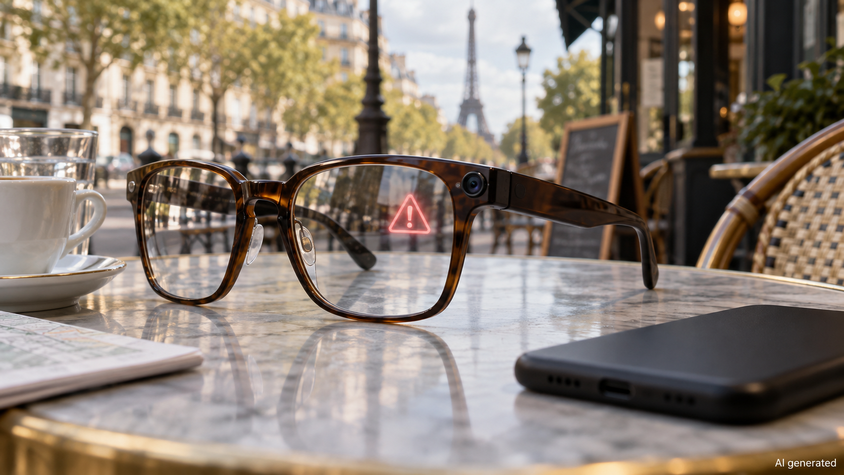 Camera-equipped glasses and a privacy warning on a fictional Paris café table. AI generated.